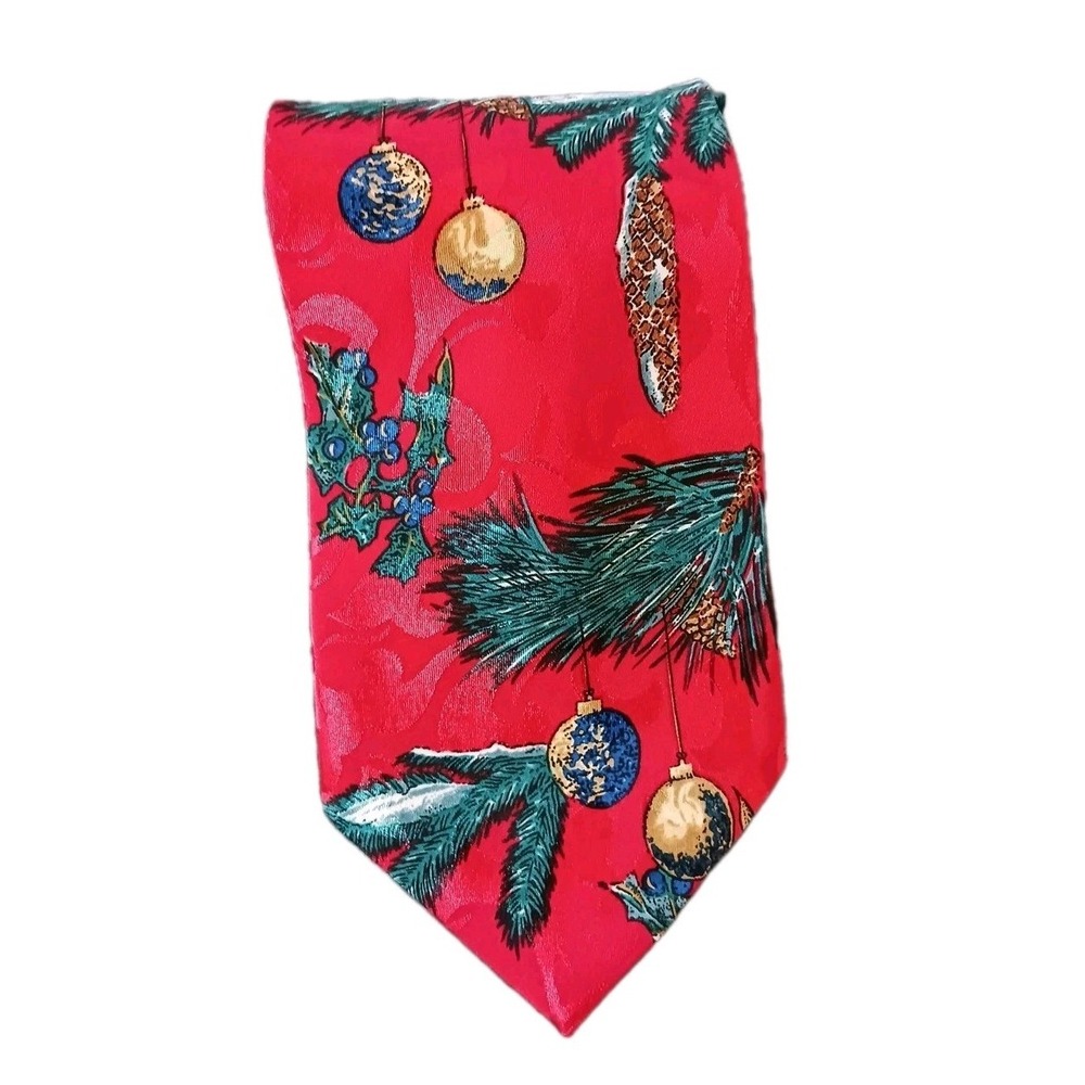 Thornhill Men's Wear Red Christmas Tie features Greenery and Ornaments